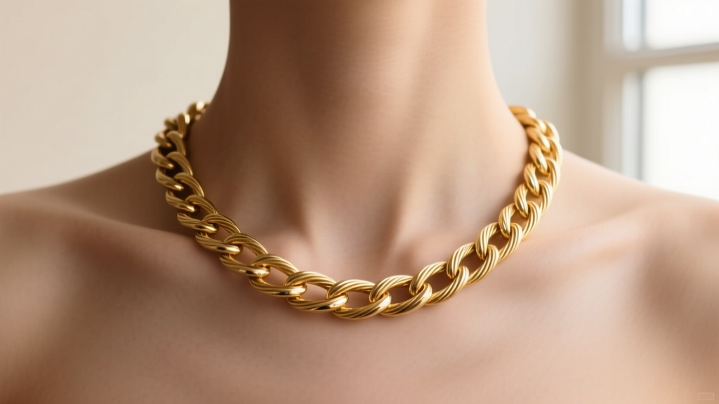 Close-up of a 16 inch 14k gold cable chain resting perfectly on a collarbone, shot against soft, diffused natural lighting.