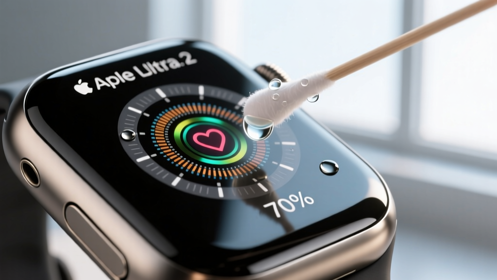 Macro shot of the Apple Watch Ultra 2 optical heart rate sensor array on the titanium back, with a cotton swab applying 70% isopropyl alcohol