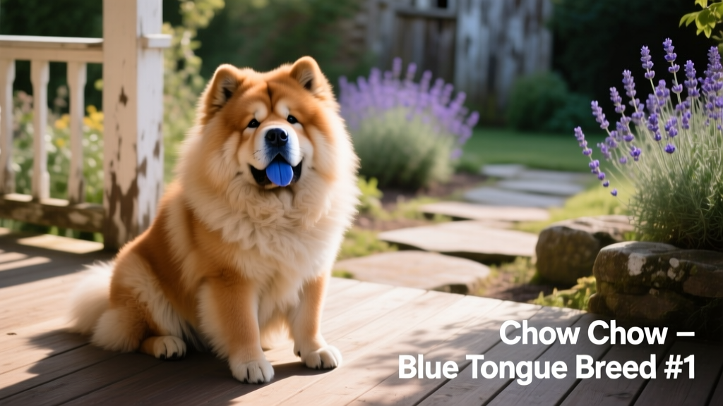 Chow Chow sitting calmly with visible blue tongue
