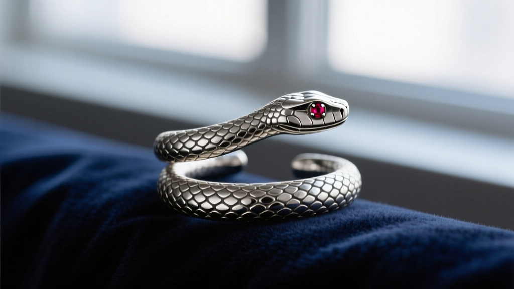 Close-up of an oxidized silver snake ear cuff on dark velvet, highlighting detailed scale textures and tiny ruby gemstone accents.
