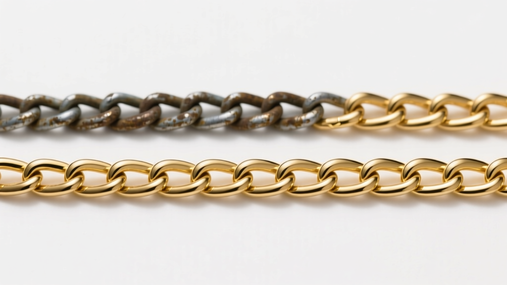 Side-by-side comparison of a tarnished flash-plated chain and a pristine gold vermeil chain under soft directional studio lighting
