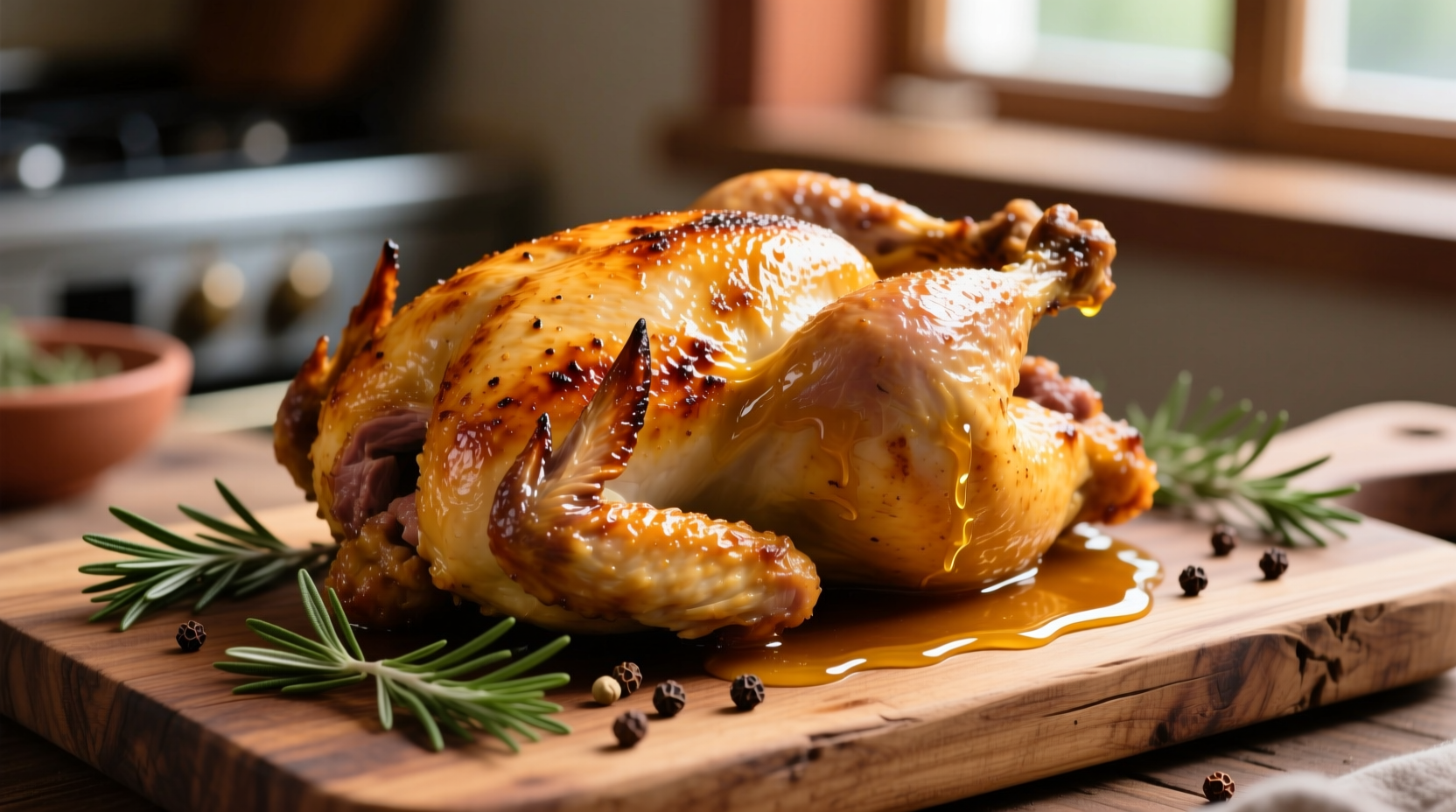Perfectly roasted golden chicken on wooden board