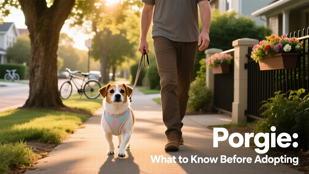 A Porgie wearing a lightweight harness, walking calmly beside an adult on a shaded neighborhood path