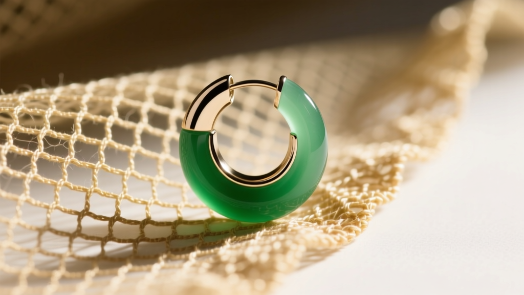 Macro shot of a 20-gauge titanium hoop earring with a jade-green acrylic circle pendant resting on vintage 90s mesh fabric.