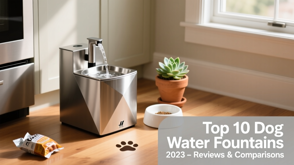 A sleek, modern dog water fountain on a kitchen floor beside a ceramic bowl and a small potted plant