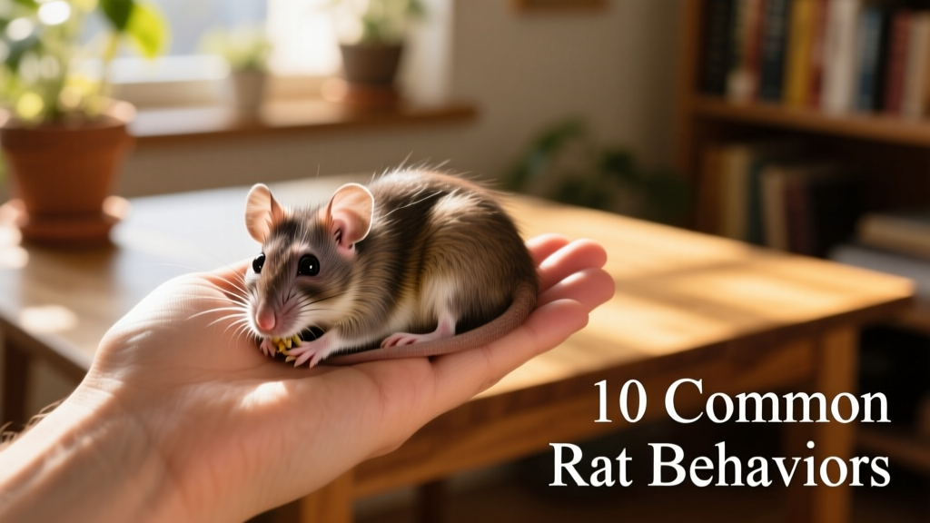 Rat peacefully resting on a hand, eyes slightly bulging and mouth softly grinding