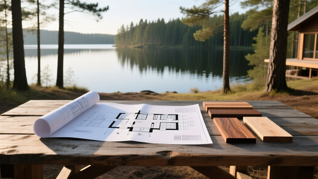 Architectural blueprints and wood samples on a rustic table overlooking a forested lakefront lot earmarked for a new cottage build