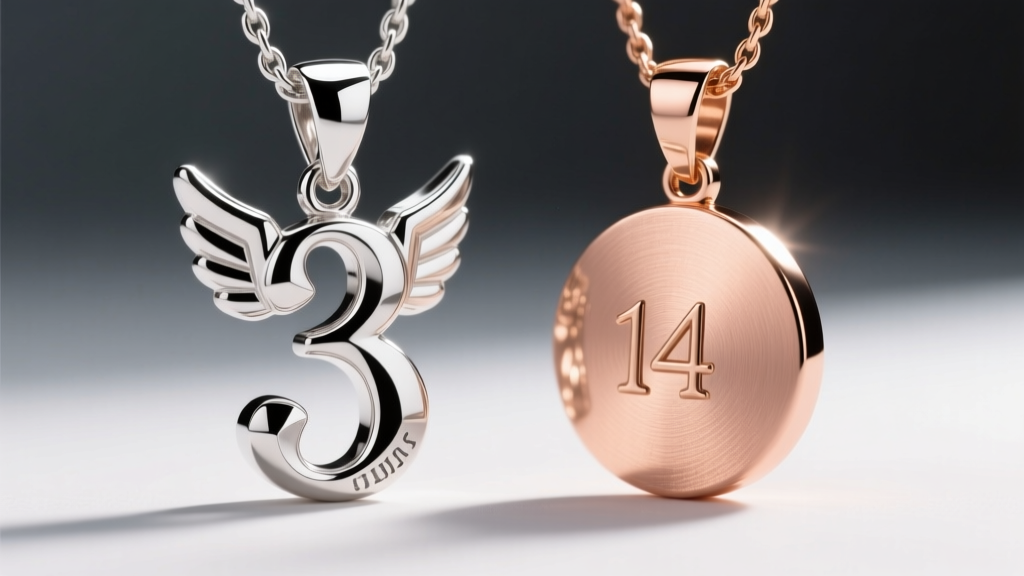 Macro shot comparing a polished sterling silver angel number pendant and a brushed 14k rose gold pendant under studio lighting.