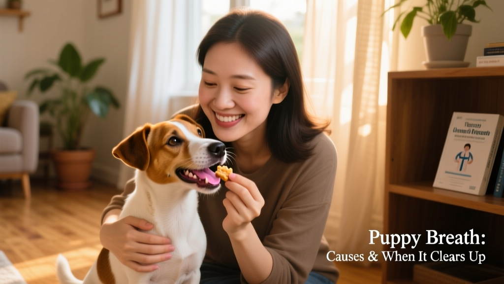 female owner giving healthy treats while cuddling with her jack russel terrier puppy at home