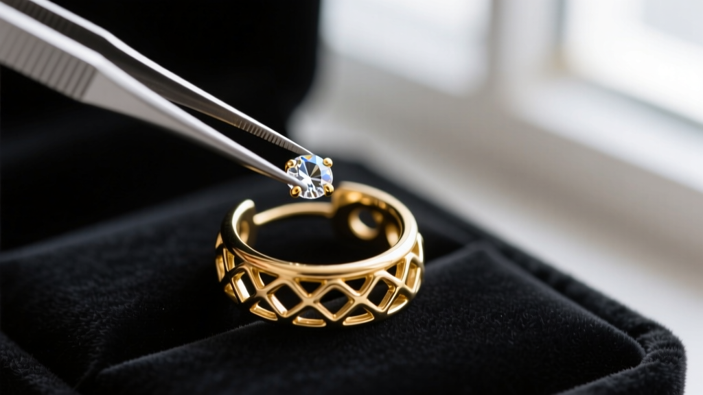 Tweezers placing a small crystal into the inner channel of a vintage gold-tone inside out hoop earring on a jeweler