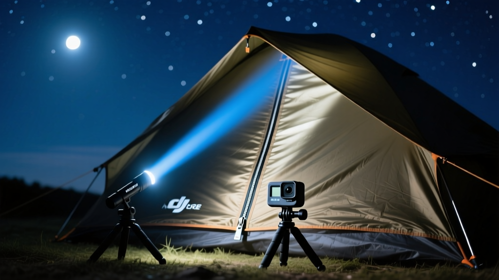 Night campsite showing an ultra-thin Nitecore flashlight illuminating a tent zipper while a DJI action camera records on a mini tripod