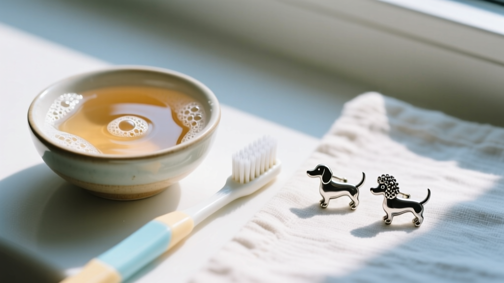 A small bowl of warm soapy water next to a soft-bristled baby toothbrush and a pair of tarnished silver dog breed stud earrings.