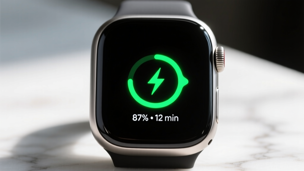 A smartwatch screen displaying a custom minimalist AMOLED watch face with a glowing solar-input complication showing real-time charging metrics in bright green against a pure black background.