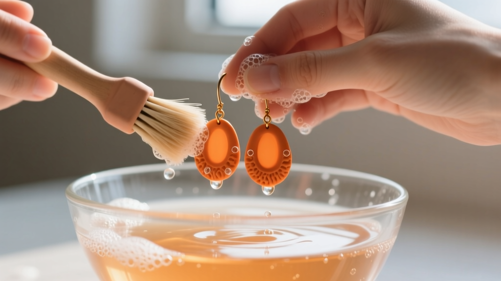 Hands washing polymer clay burnt orange dangle earrings in a shallow glass bowl of warm soapy water using a soft bristle brush.