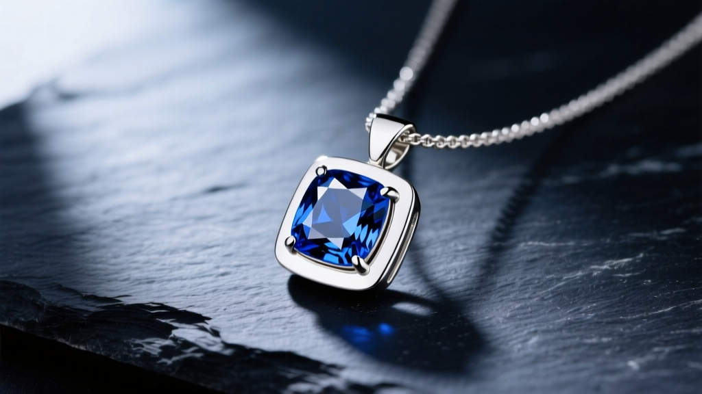 Mens blue sapphire necklace with a 2-carat cushion-cut royal blue gem in a white gold bezel pendant resting on dark slate