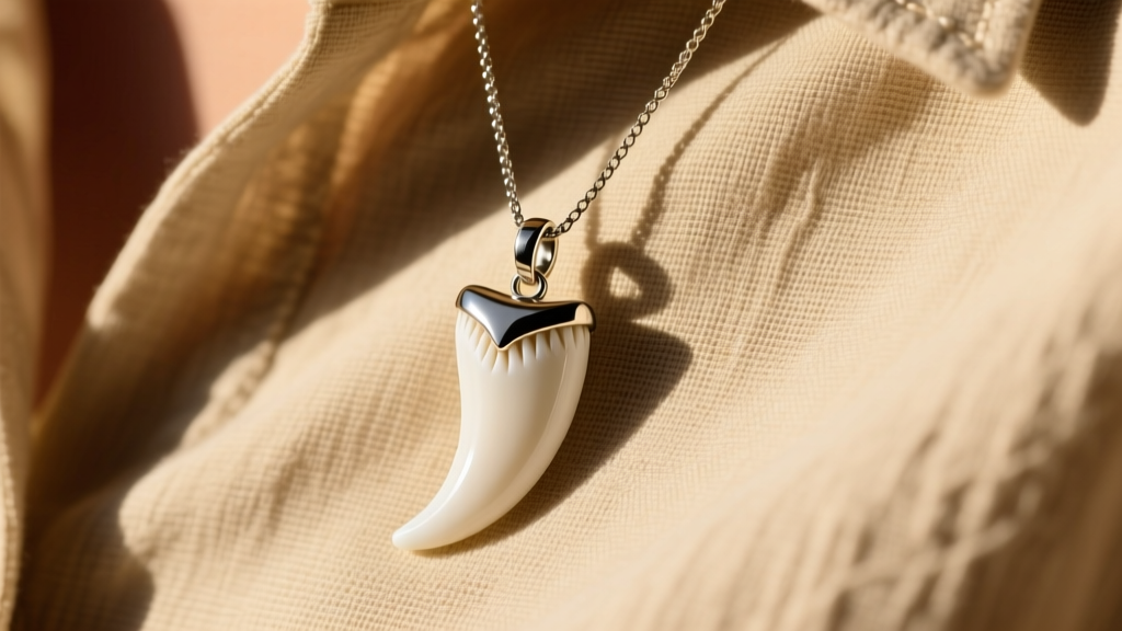 Close-up of a white shark tooth pendant on a 2mm sterling silver rope chain, resting against a sunlit beige linen shirt.