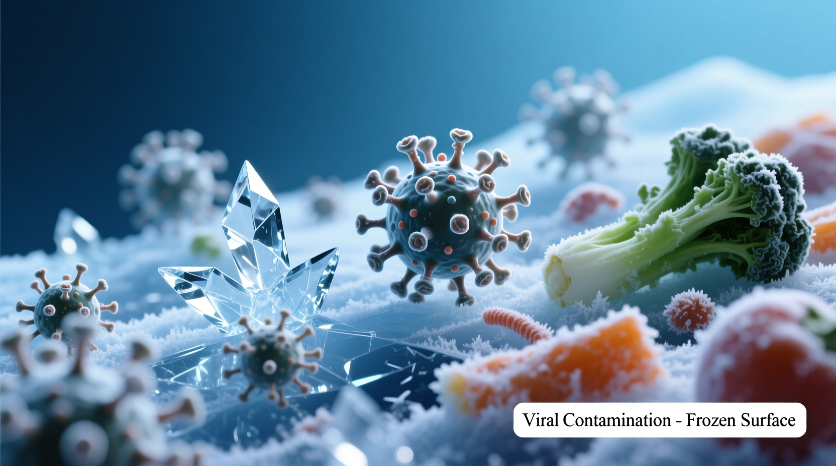 Microscopic view of virus particles on frozen food surface