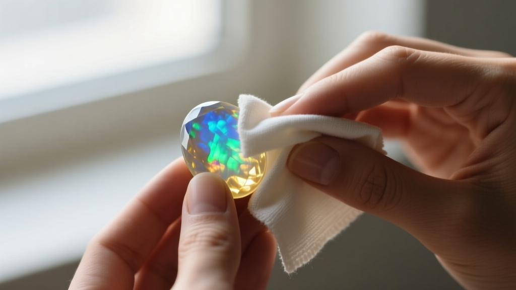 Macro shot of a jeweler wiping a hydrophane opal with a dry microfiber cloth, strictly avoiding water, chemicals, and heat.
