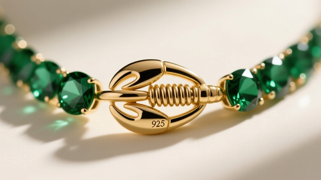 Macro shot of a gold vermeil lobster clasp on a green gemstone necklace, highlighting the spring mechanism and hallmark stamp