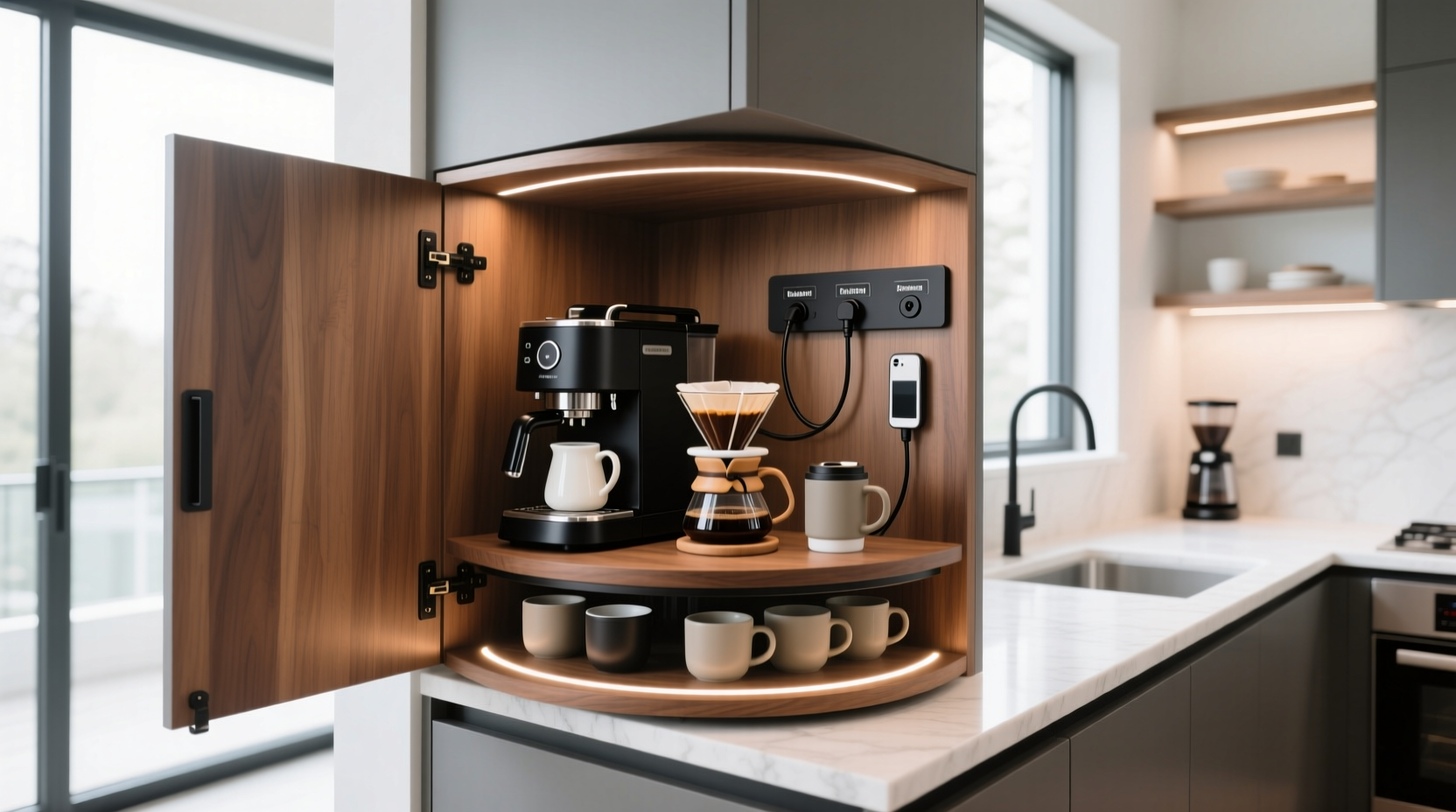 corner coffee nook with triangular countertop and lazy susan