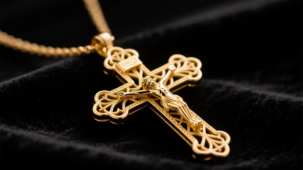 Close-up of an 18k yellow gold Italian crucifix necklace with filigree, resting on dark velvet under warm studio lighting.