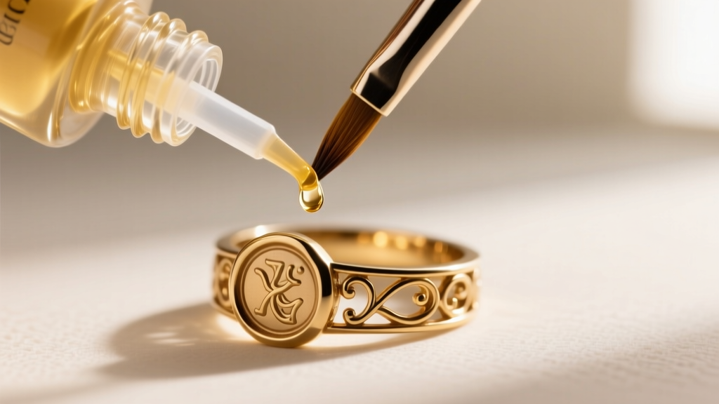 Close-up of a jewelry sealant bottle being carefully applied with a fine brush to a brass-based statement cocktail ring.