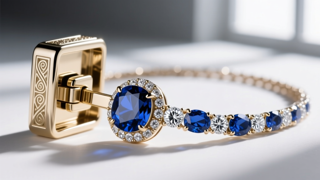 Close-up of an 18k white gold box clasp with safety catch securing a heavy sapphire and diamond formal necklace piece.
