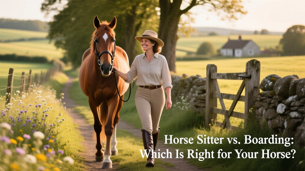 A trusted horse sitter walking alongside a relaxed horse on a quiet country path, with a gentle smile and confident posture