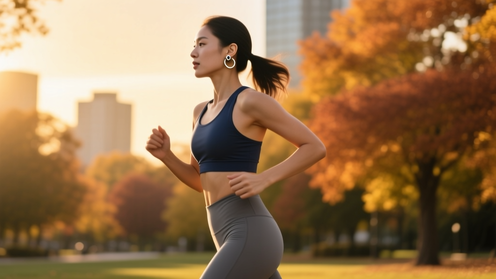 Side profile of a woman wearing secure 16-gauge sleeper huggie earrings while jogging outdoors, golden hour sunlight on her jaw.