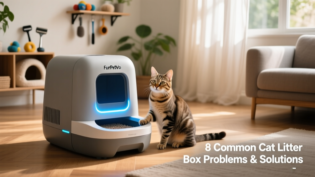 Modern FurPetVo self-cleaning litter box with sleek design, indicator light glowing softly, and a content cat nearby