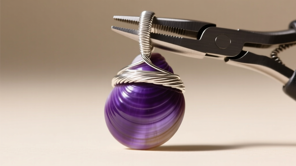 Close-up of 18-gauge sterling silver wire wrapped around the top ridge of a purple shell pendant using flat-nose jewelry pliers