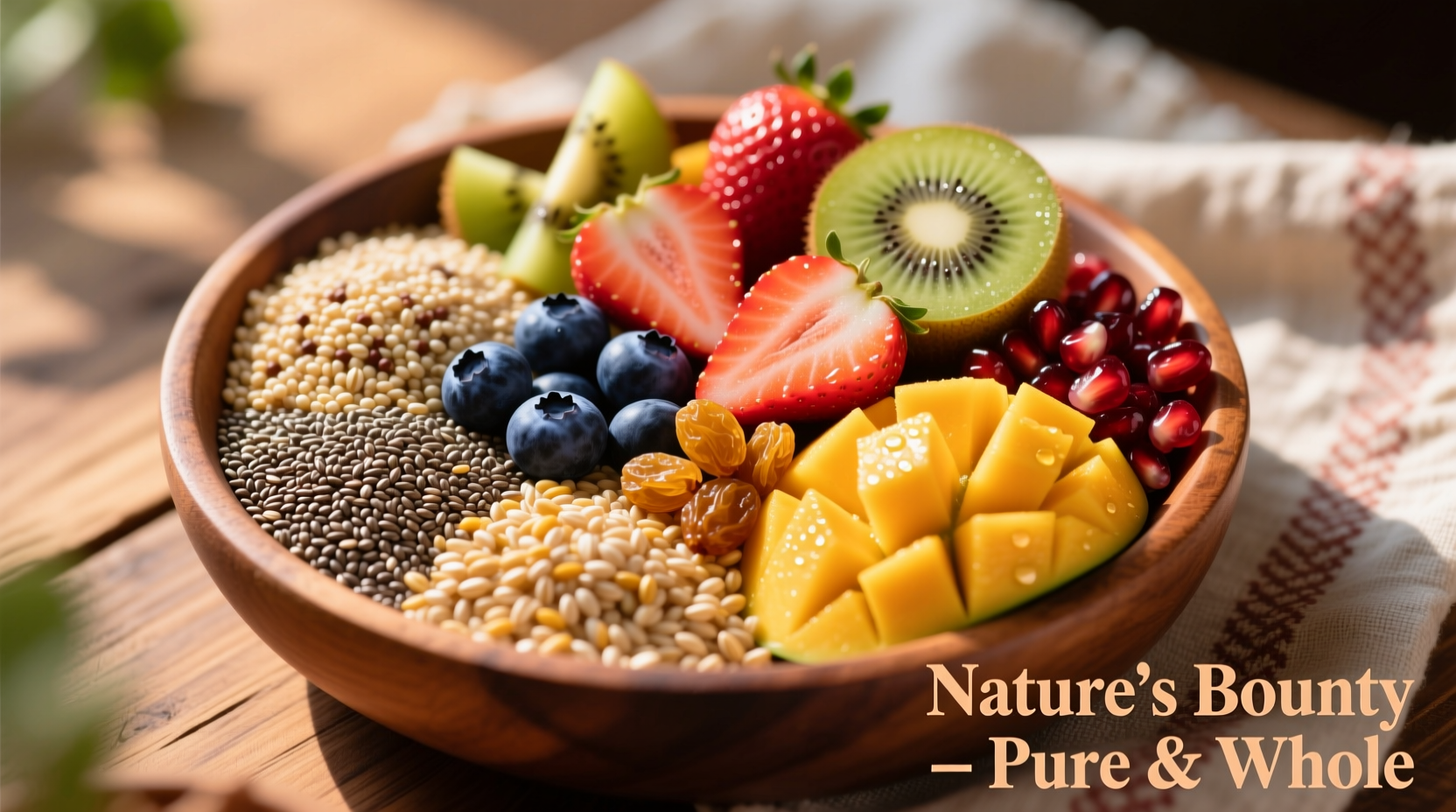 Colorful assortment of whole grains and fruits