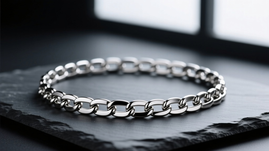 Polished 316L stainless steel box chain necklace on dark slate, reflecting soft studio lighting for a luxury gift guide aesthetic
