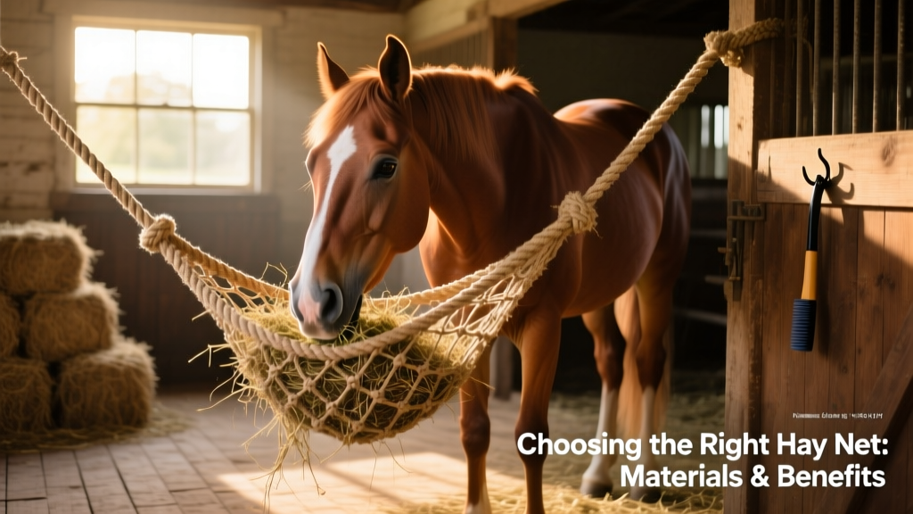 A horse calmly eating hay from a hanging hay net in a stall