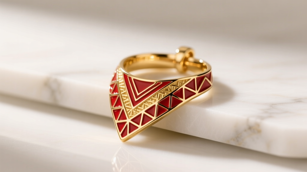 Close-up of a gold vermeil bandana pendant with red enamel accents, resting on white marble under warm studio lighting.