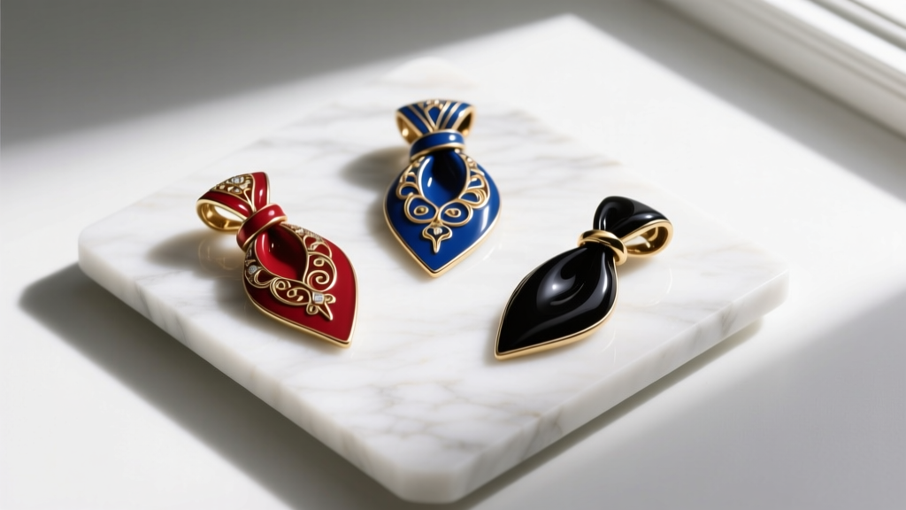 Flat lay of three enameled brass scarf charms in ruby, sapphire, and onyx, arranged on a white marble jewelry display board.