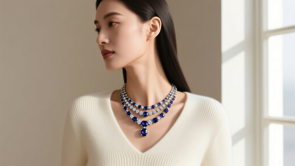 Side profile of a woman in a V-neck cashmere sweater, showcasing a perfectly spaced three-strand sapphire and diamond necklace.