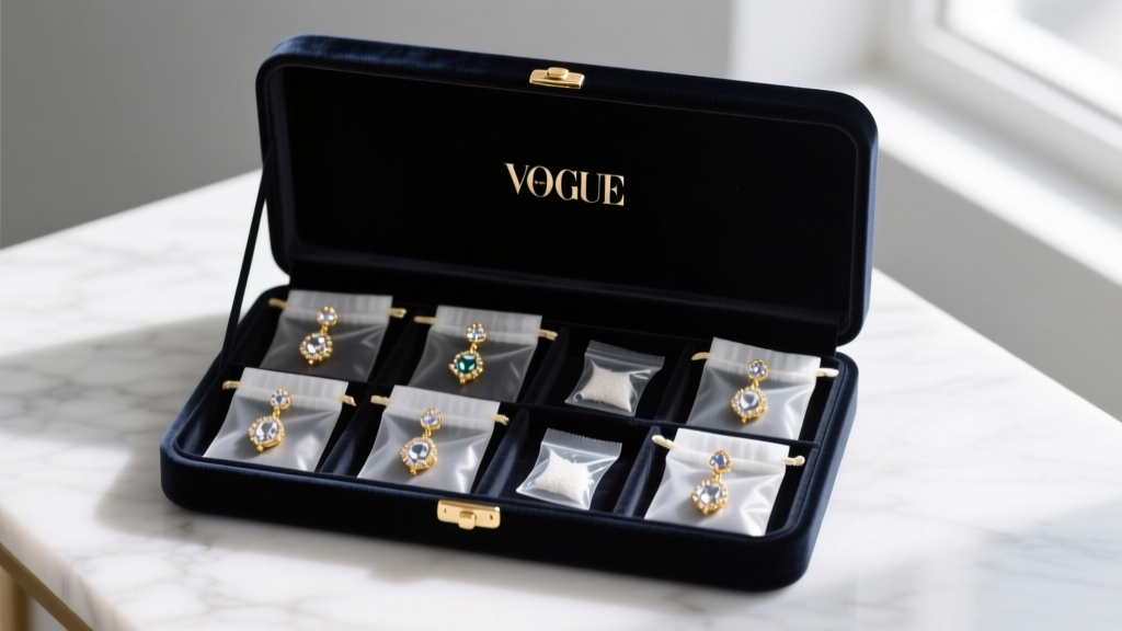 Open velvet jewelry box showing individual anti-tarnish pouches holding holiday dangle earrings next to silica gel packets.