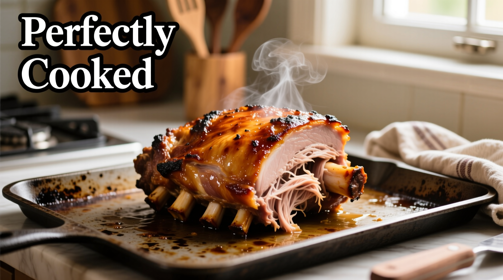 Perfectly cooked pulled pork shoulder on baking sheet