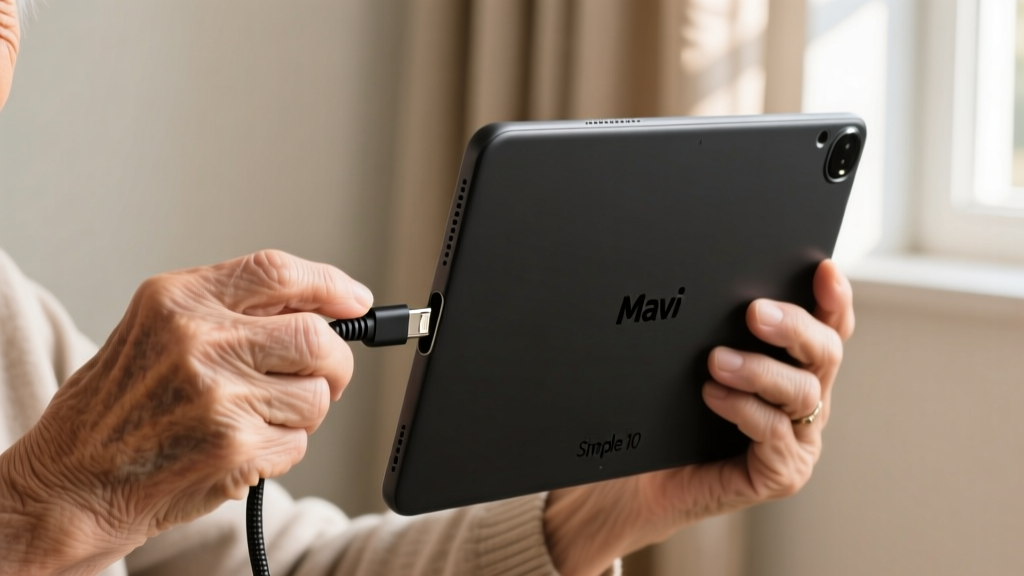 Elderly hands with arthritis connecting a magnetic pogo-pin charging cable to the back of a Mavi SimpleTab 10 tablet
