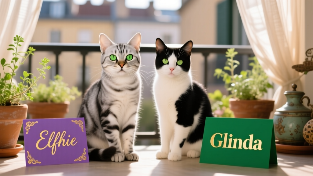 Two cats—one silver tabby and one calico—posing side-by-side beside whimsical purple and emerald name cards reading 'Elphie' and 'Glinda'