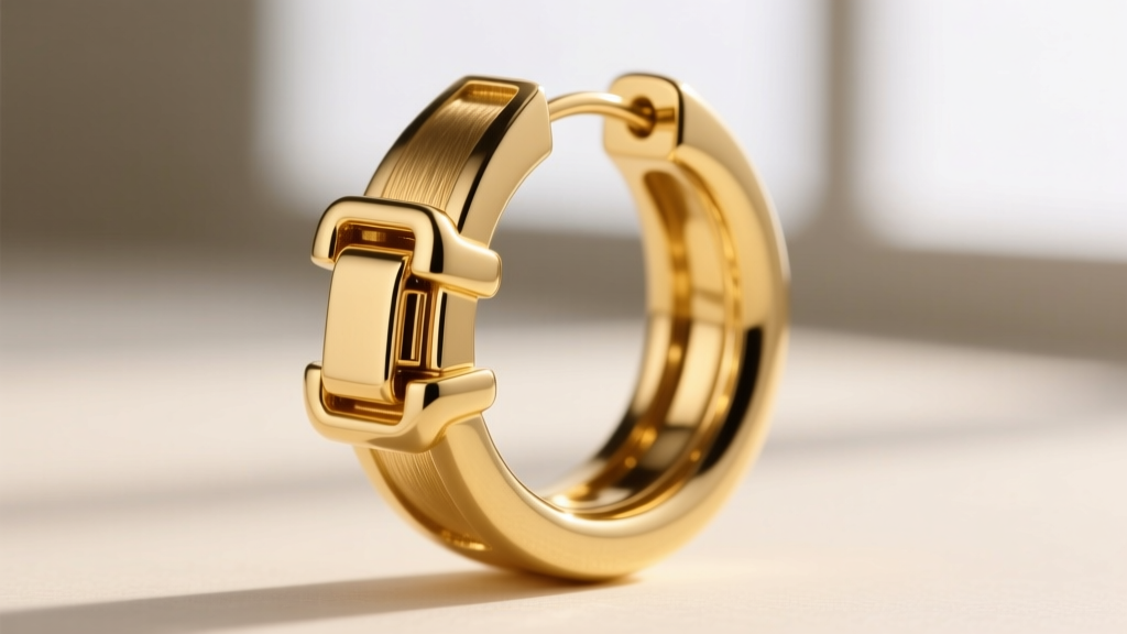Macro shot of a hinged saddleback clasp on a 12-gauge 18k gold oversized hoop earring, highlighting the secure locking mechanism.