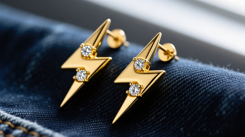Macro shot of 14k yellow gold TCB lightning bolt drop earrings on dark denim, highlighting textured metal and diamond accents.