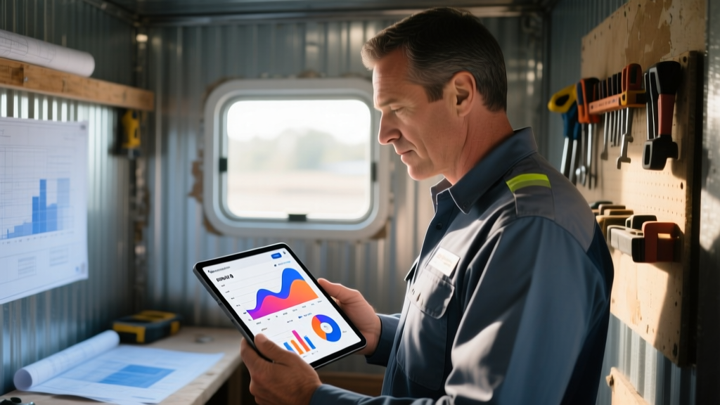 Construction manager reviewing custom estimating app cost projections and financing ROI charts on a tablet inside a job site trailer