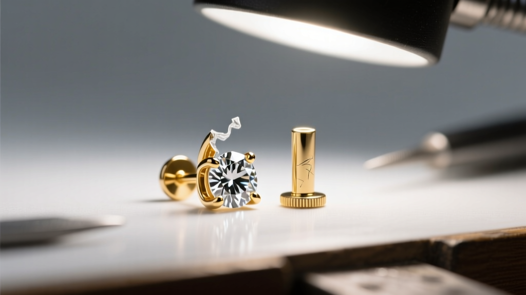 Close-up of a jeweler bench with a broken 14k gold diamond stud earring and replacement post, illuminated by a bright lamp.