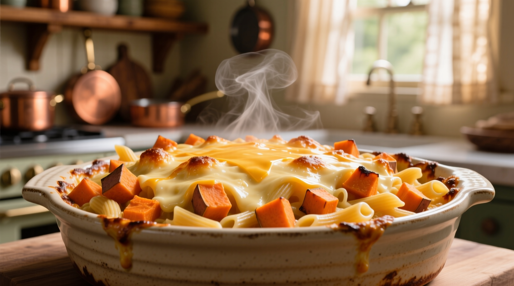 Creamy orange sweet potato mac and cheese in baking dish