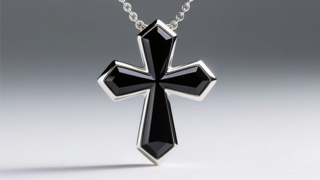 Macro shot of a black onyx inlaid silver cross necklace showing sharp geometric contrast between the dark stone and metal edges