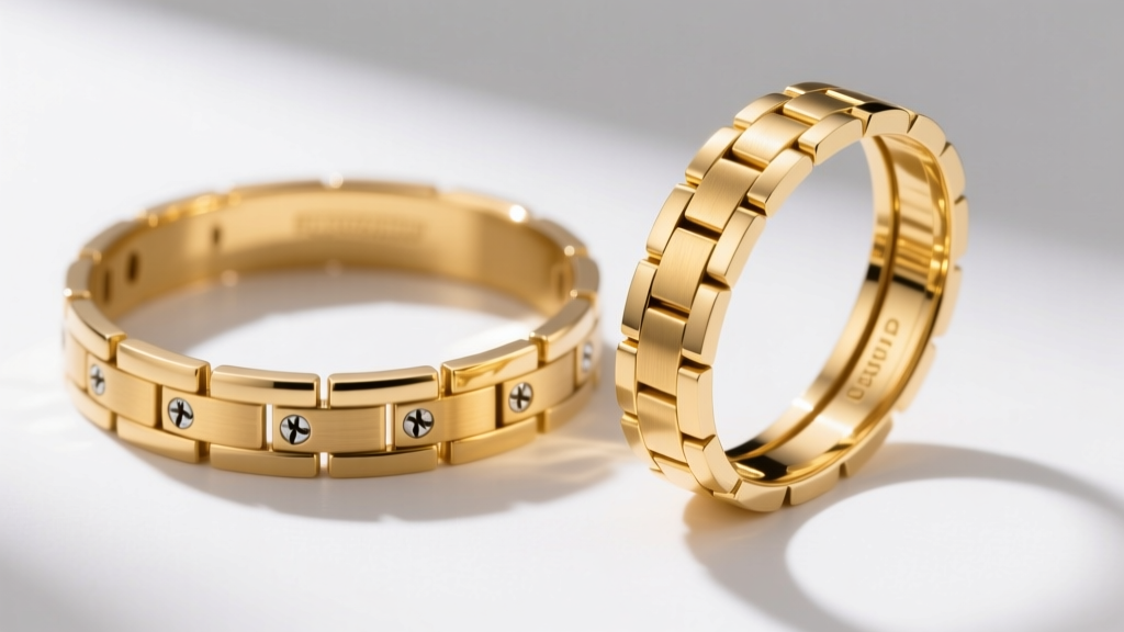 Genuine luxury gold bracelet beside a replica, showing differences in screw alignment and slot depth under bright studio lighting.