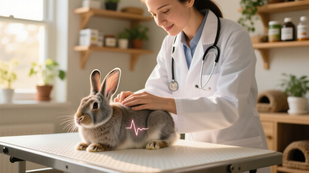Veterinarian gently examining a calm, relaxed rabbit during a wellness checkup