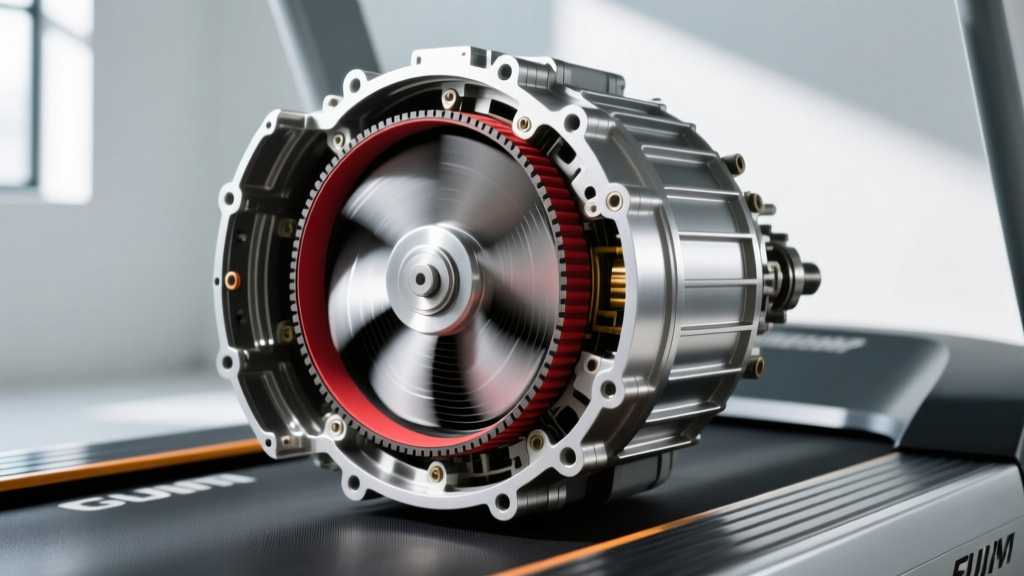 Close-up of a 4.0 CHP treadmill motor housing with the side panel removed, showing the internal cooling fan and thick drive belt